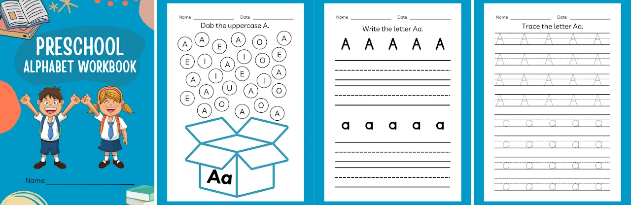 Preschool Alphabet Workbook mit Schüler-Illustrationen und Übungsseiten für Buchstaben-Nachverfolgung und Erkennung