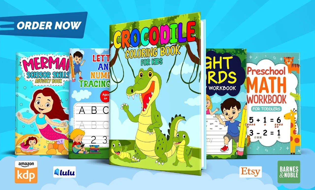 Kids Activity Printable Bundle mit bunten Arbeitsbüchern für Kinder 3–8 Jahre auf blauem Hintergrund, Order Now Banner