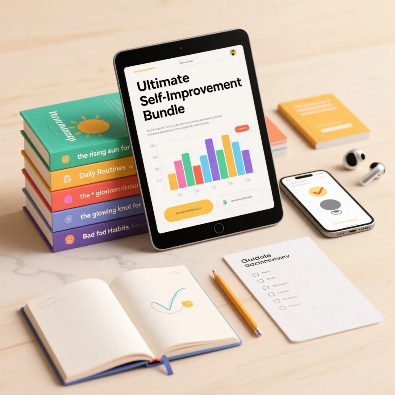 Ultimate Self-Improvement Bundle auf Tablet mit farbigen Balkendiagrammen, umgeben von gestapelten Selbsthilfebüchern, Notizb