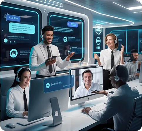 Geschäftsleute in futuristischem Büro mit holografischen Displays bei Live-Videokonferenz und Zoom-Call-Interface