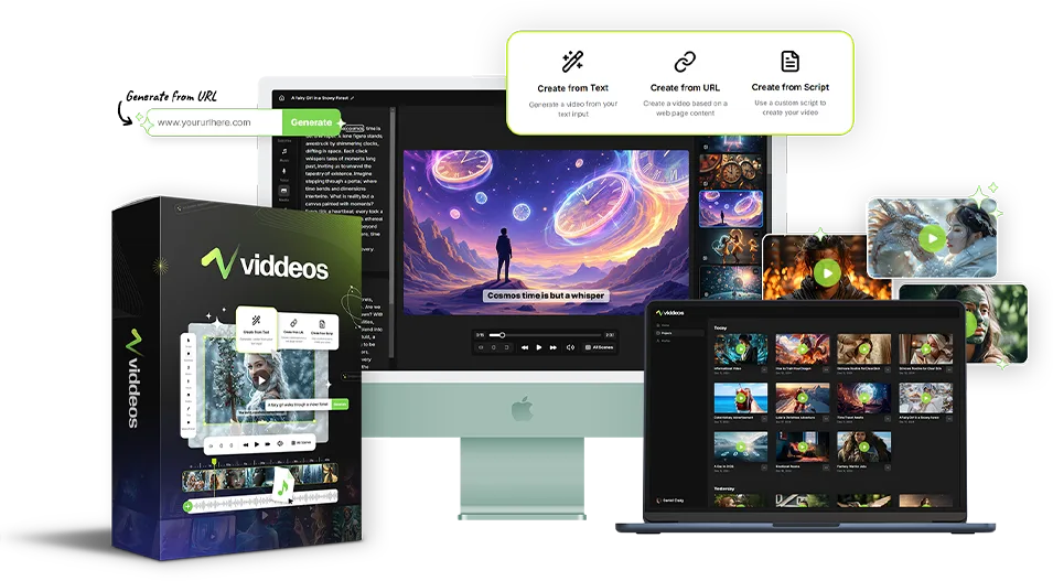 Viddeos Bundle-Produktverpackung mit Software-Interface, iMac-Monitor und Video-Galerie