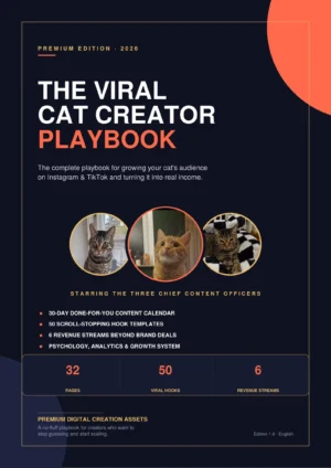 Cover The Viral Cat Creator Playbook Premium Edition 2026 mit drei Katzen in Kreisen und orange Designelement