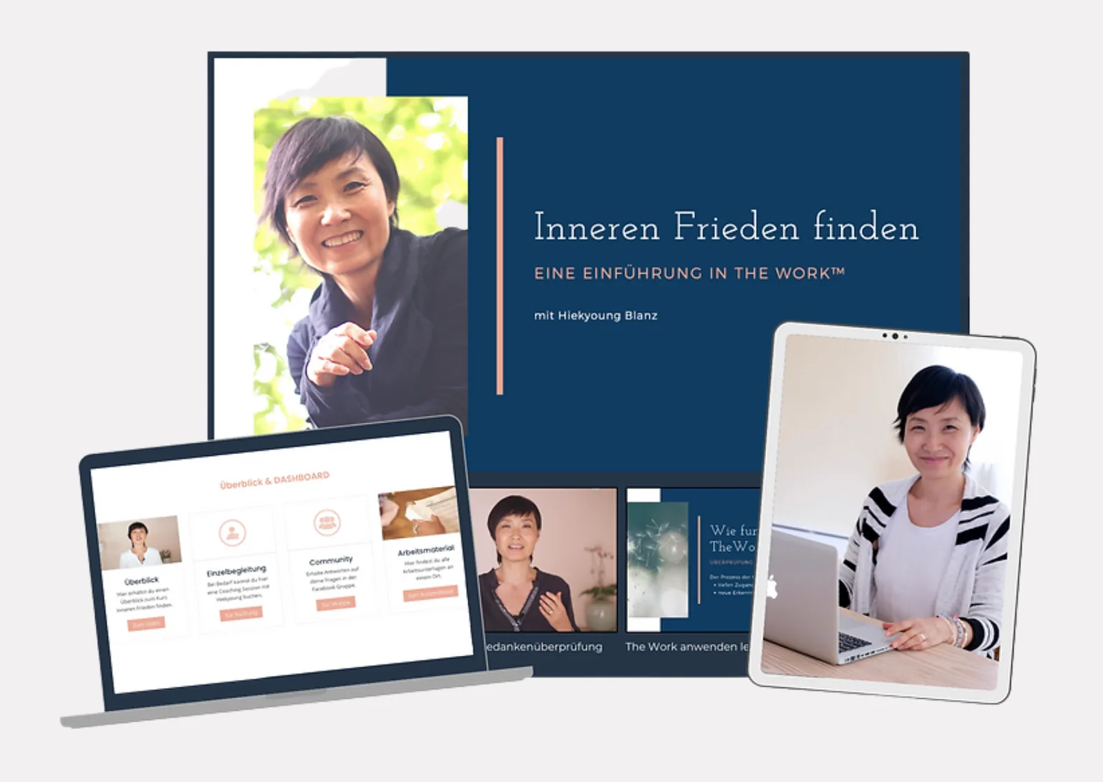 Mockup-Komposition zum Kurs Inneren Frieden finden mit Laptop, Tablet und Printmaterialien