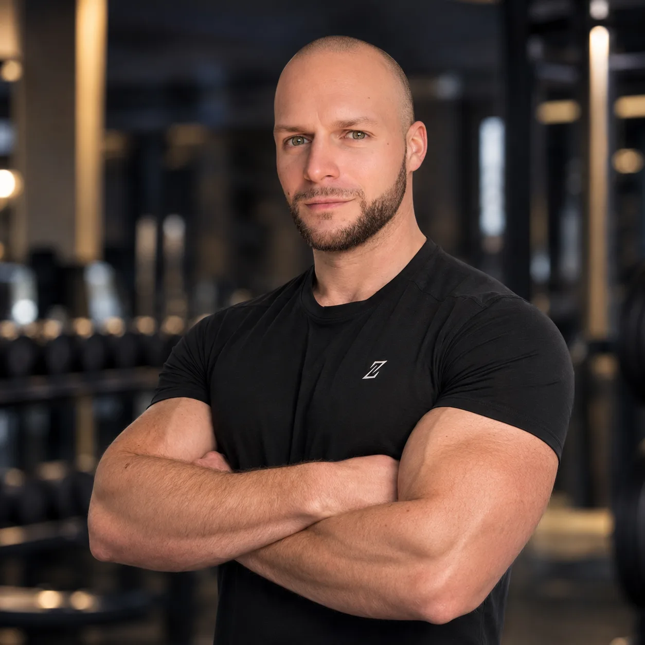 Francesco Zen, männlicher Fitness-Coach im schwarzen Trainingsshirt mit verschränkten Armen, Gym-Setting
