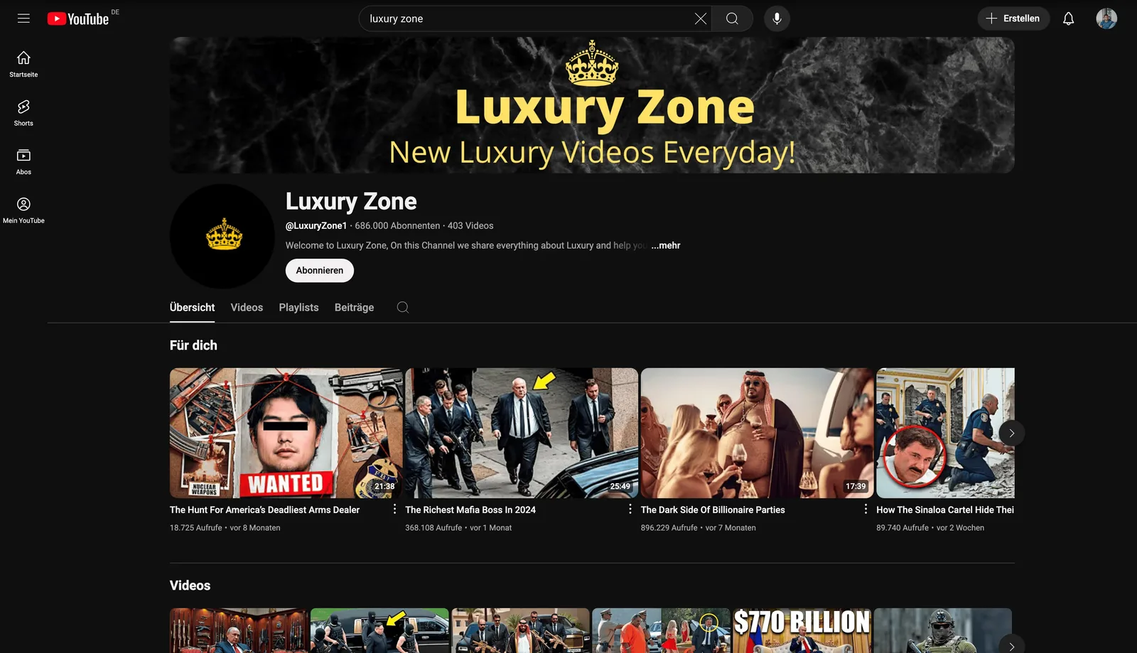 YouTube-Screenshot Luxury Zone Kanal mit 686.000 Abonnenten und 403 Videos