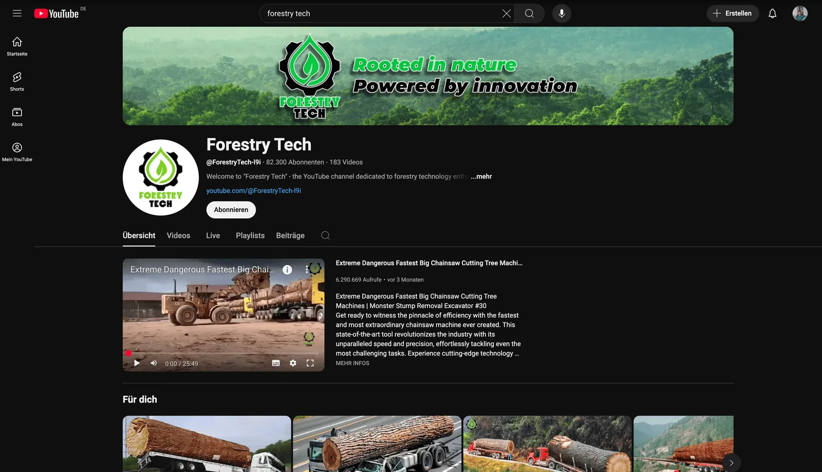 YouTube-Screenshot Forestry Tech Kanal mit 82.300 Abonnenten und 183 Videos