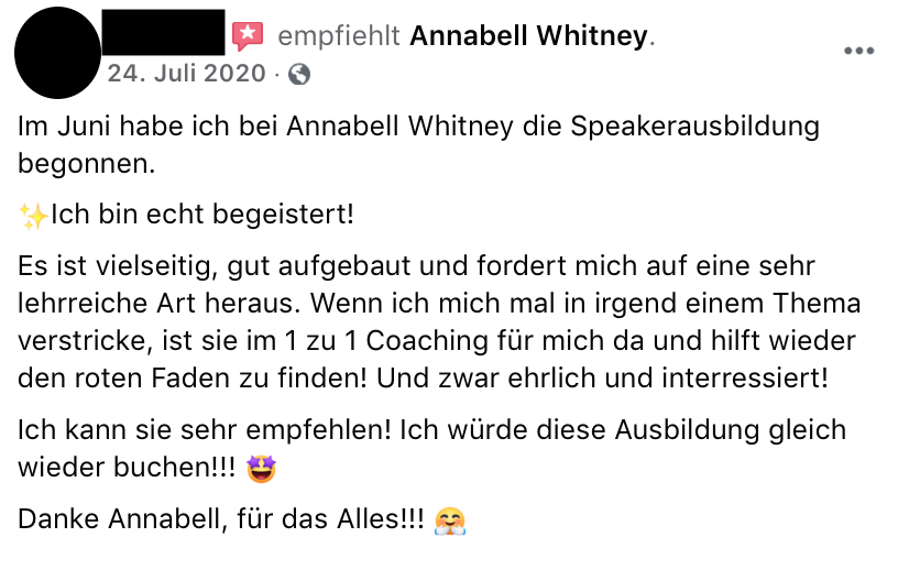Facebook-Post vom 24. Juli 2020 mit Bewertung "Ich würde diese Ausbildung gleich wieder buchen" zur Speakerausbildung