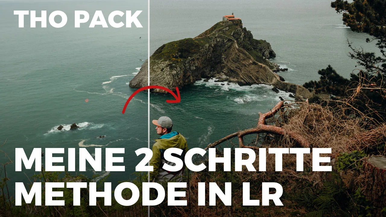 THO Pack Hero: Split-Screen zeigt Küstenfelsen vor und nach Lightroom Preset mit Anwendungsbeispiel