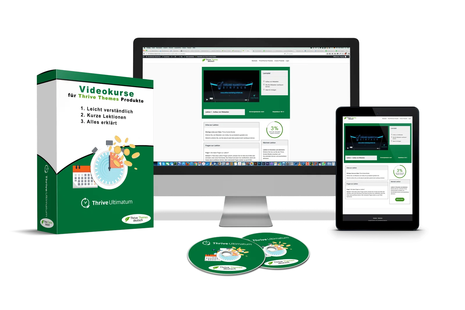 Thrive Apprentice – Videokurs zum WordPress-Plugin von Ingo Ahnfeldt 3 Mockup des Thrive Ultimatum Videokurses mit Monitor, Tablet und DVDs in Grün mit Uhr- und Geld-Illustration
