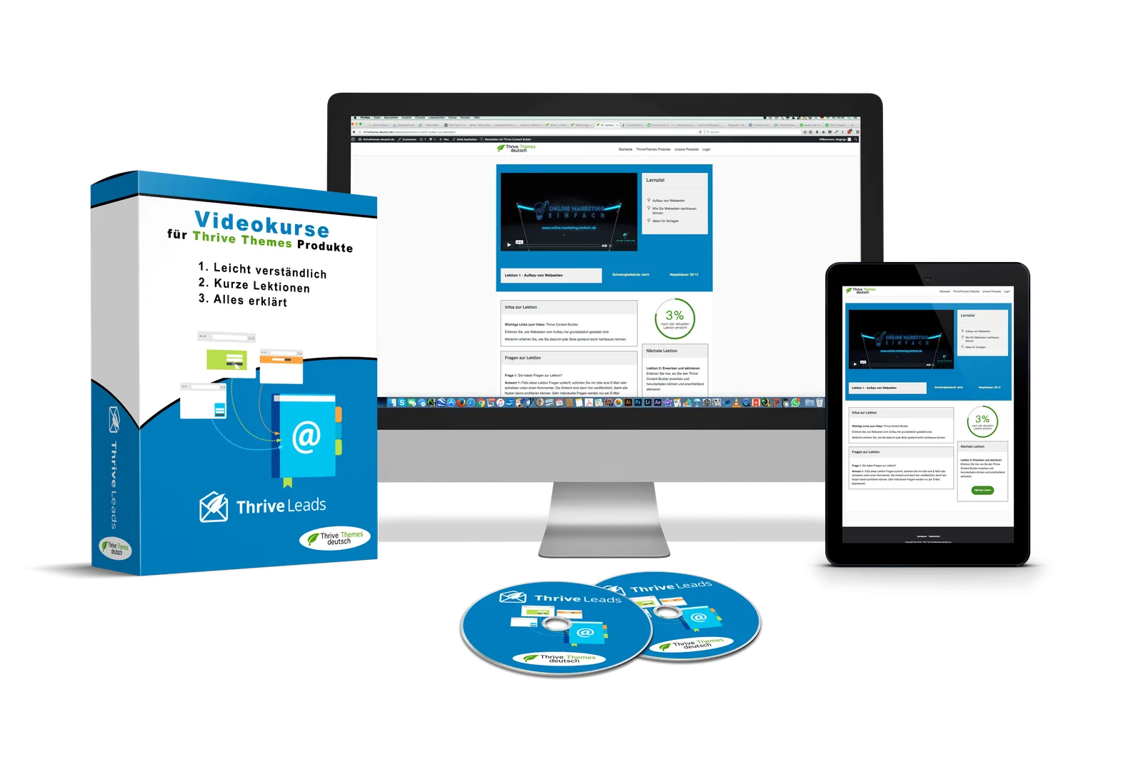 Thrive Apprentice – Videokurs zum WordPress-Plugin von Ingo Ahnfeldt 4 Mockup des Thrive Leads Videokurses mit Monitor, Tablet und DVDs in Blau mit E-Mail-Marketing-Illustration