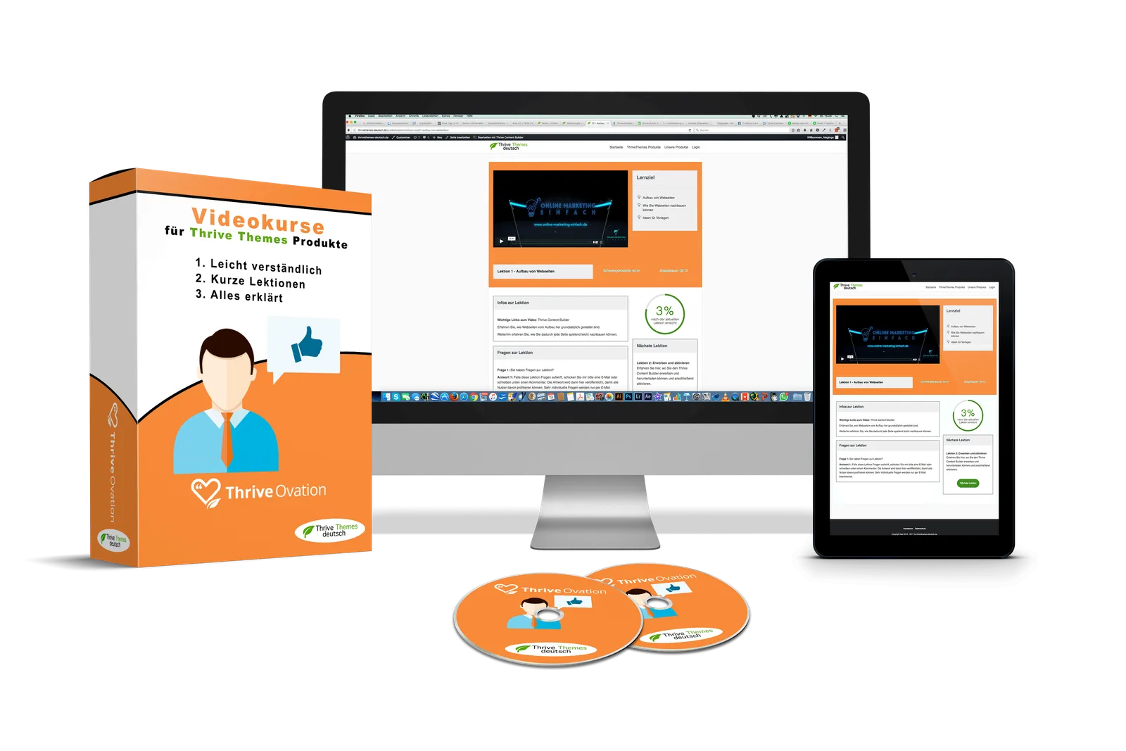 Thrive Apprentice – Videokurs zum WordPress-Plugin von Ingo Ahnfeldt 6 Mockup des Thrive Ovation Videokurses mit Monitor, Tablet und DVDs in Orange mit Testimonial-Illustration
