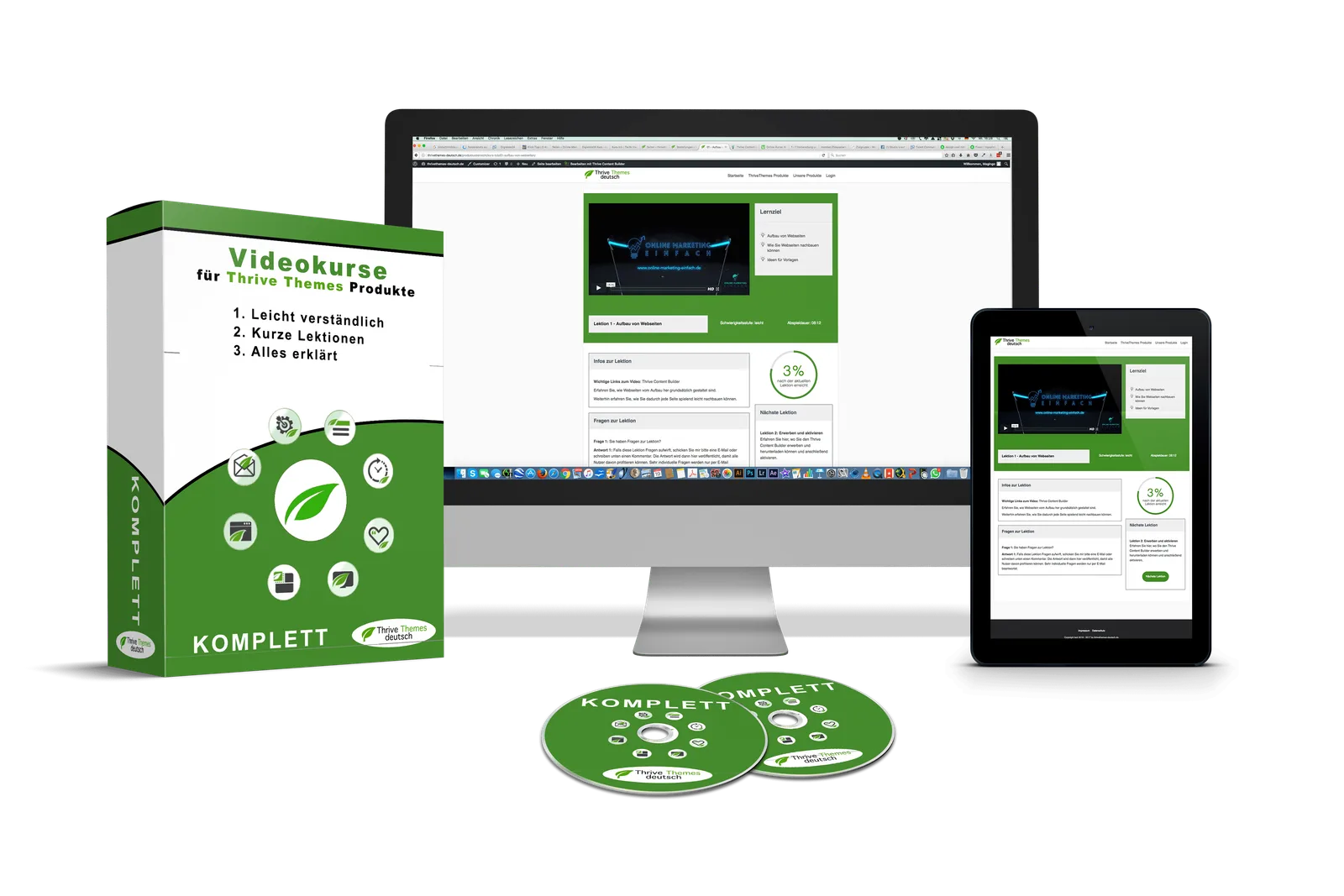Thrive Apprentice – Videokurs zum WordPress-Plugin von Ingo Ahnfeldt 1 Produktabbildung des Videokurses Thrive Themes mit Softbox, Desktop-Monitor, Tablet und zwei DVDs in Grün