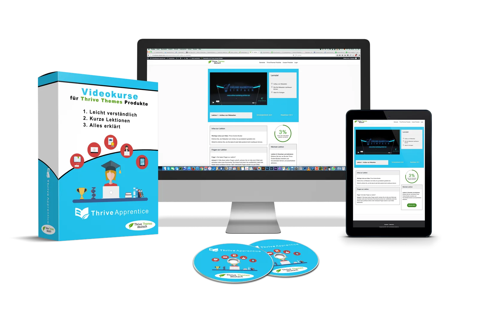 Thrive Apprentice – Videokurs zum WordPress-Plugin von Ingo Ahnfeldt 2 Mockup des Thrive Apprentice Videokurses mit Softbox, Monitor, Tablet und DVDs in Cyan-Blau
