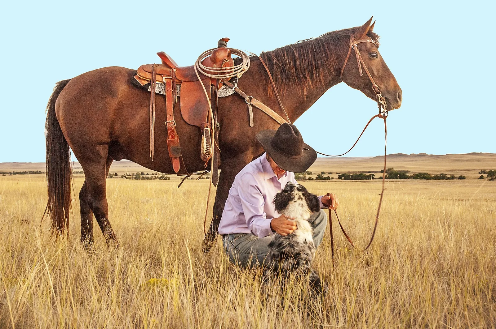 Cowboy in rosa Hemd und braunem Hut hält Hund neben Pferd mit Sattel auf weiter Prärielandschaft