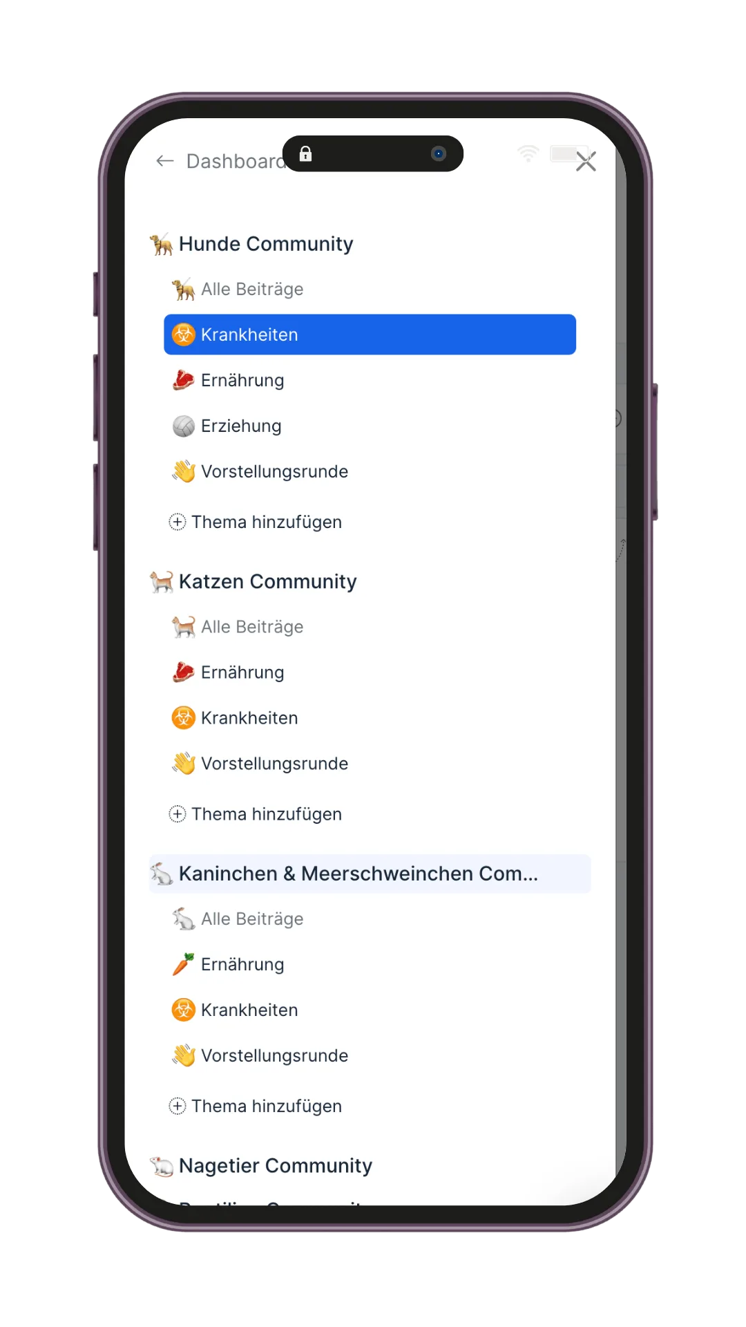 Tierwohl Club App-Interface mit Hundecommunity, Katzencommunity und Kaninchen & Meerschweinchen Community, Kategorien wie Kra