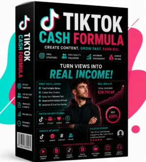 TikTok Cash Formula Main Guide E-Book Cover mit schwarzem Design, türkis-rosa Elementen und Mann im schwarzen Hoodie