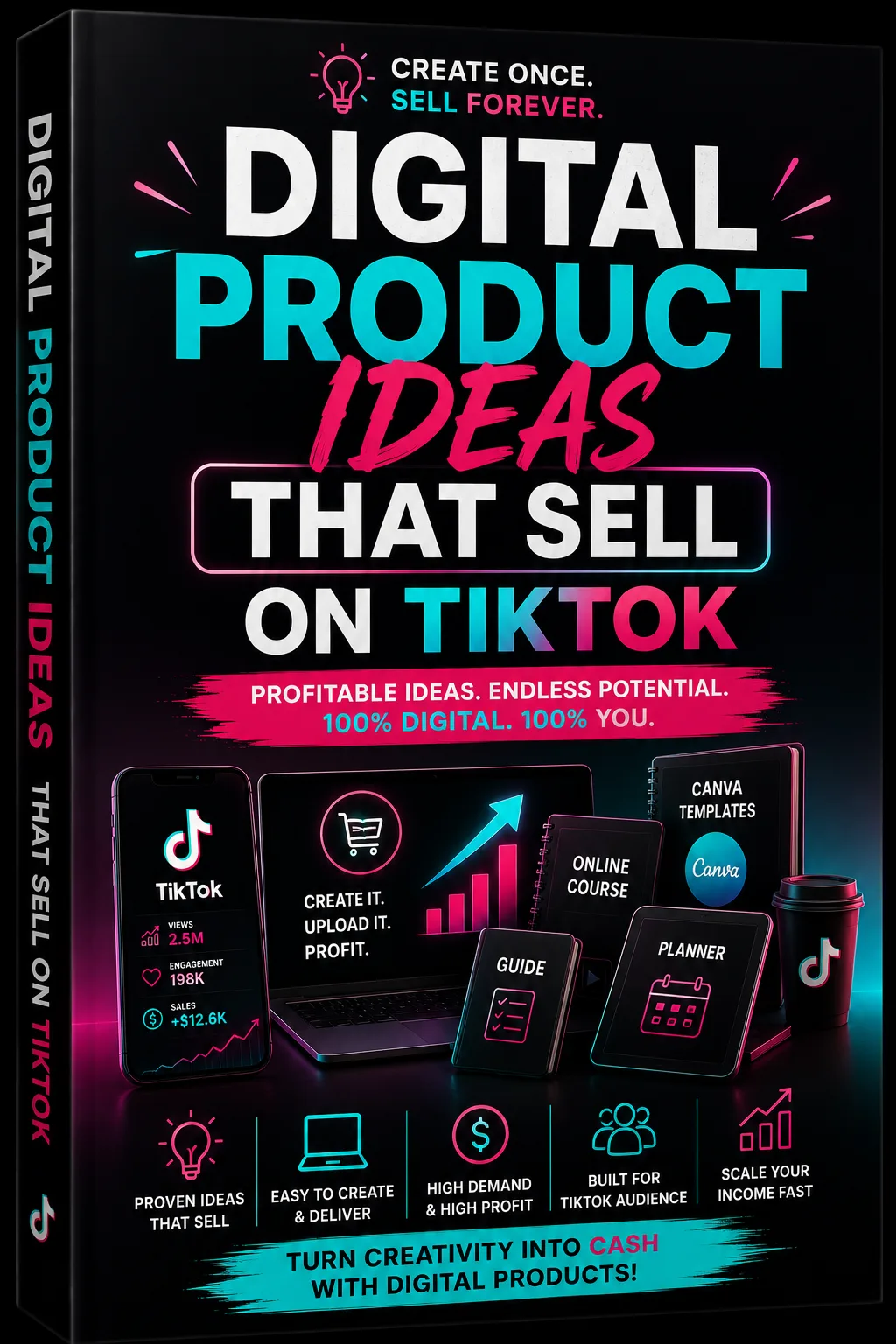 Digital Product Ideas That Sell on TikTok Cover mit Laptop, Planner und Canva-Templates Mockup