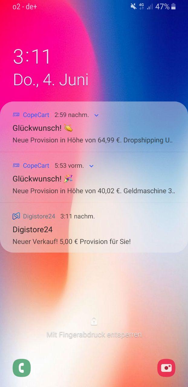 Smartphone-Screenshot mit mehreren Benachrichtigungen von CapeCart und Digistore24 über Verkäufe und Provisionen vom 4. Juni