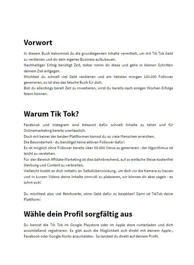 Seite aus E-Book TikTok Secrets mit Kapiteln Vorwort, Warum TikTok und Wähle dein Profil sorgfältig aus