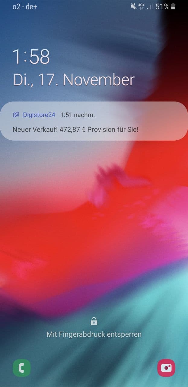 Smartphone-Screenshot mit Benachrichtigung von Digistore24 über Verkauf mit 472,87€ Provision vom 17. November 1:58 Uhr