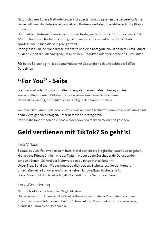 Seite aus E-Book TikTok Secrets mit Kapiteln For You Seite, Geld verdienen mit TikTok, Live Videos und Lead-Generierung