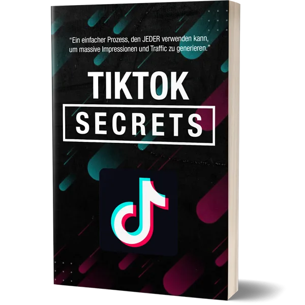 TikTok Secrets E-Book Cover mit dunkelgrauem Hintergrund, türkisen und magentafarbenen Elementen und TikTok-Logo