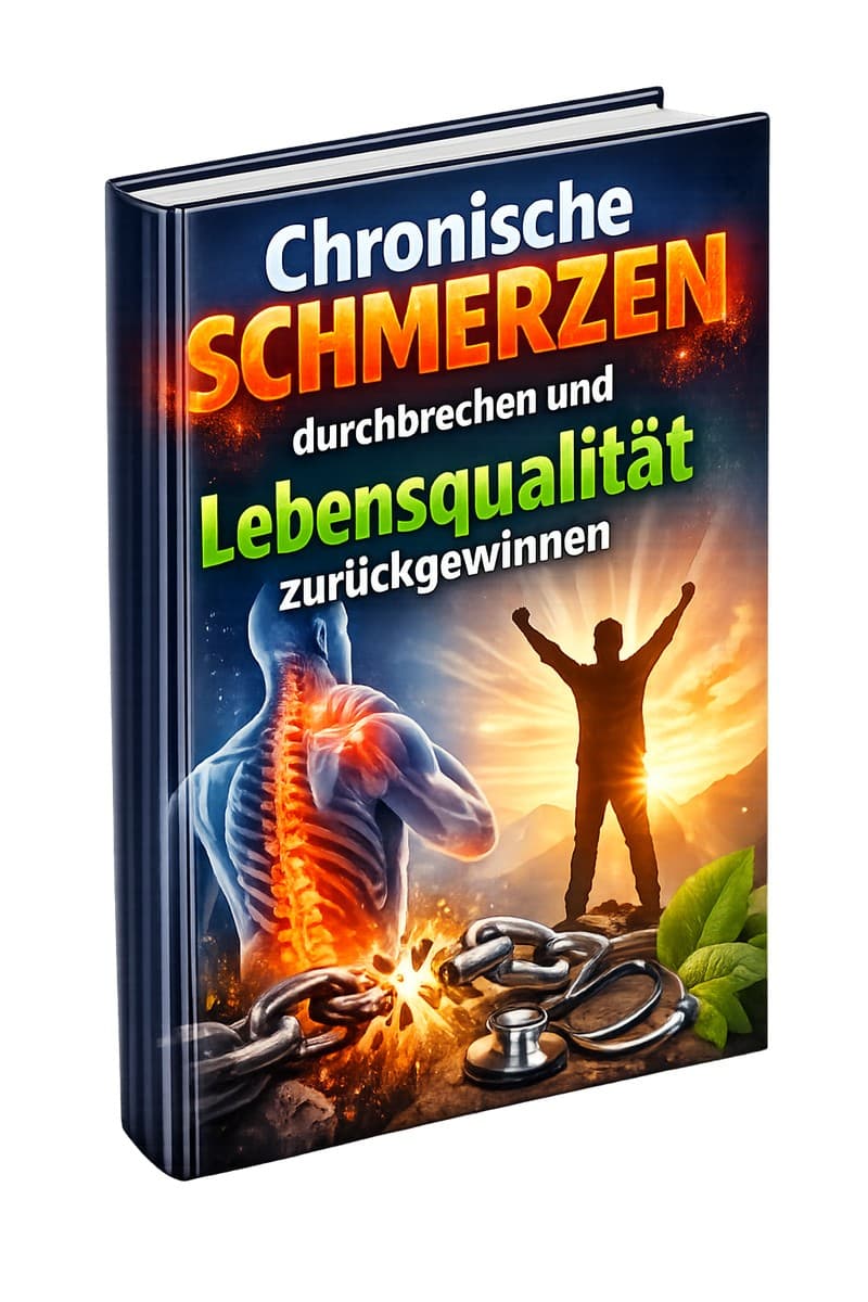 Chronische Schmerzen durchbrechen E-Book Cover mit Wirbelsäule und Person mit erhobenen Armen