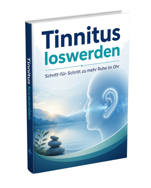 Tinnitus loswerden E-Book Cover Produktabbildung mit See und Ohr-Grafik