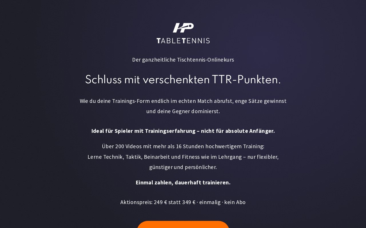 Hero-Banner des Tischtennis-Onlinekurses mit Logo, Kursüberschrift und Verkaufstext auf dunkelblauem Hintergrund