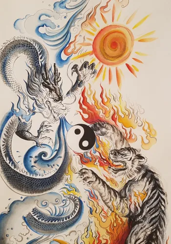 Kunstwerk mit Wasser-Drache in Blau, Feuer-Tiger in Orange-Rot und Yin-Yang Symbol, traditionelle chinesische Malerei
