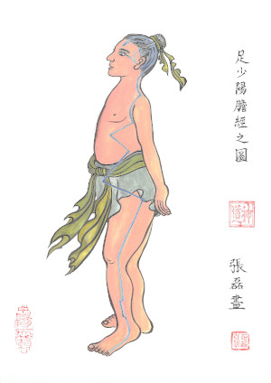 Chinesische Tuschzeichnung eines stehenden Mannes ohne Oberteil, mit traditioneller Kleidung, Schriftzeichen am Rand