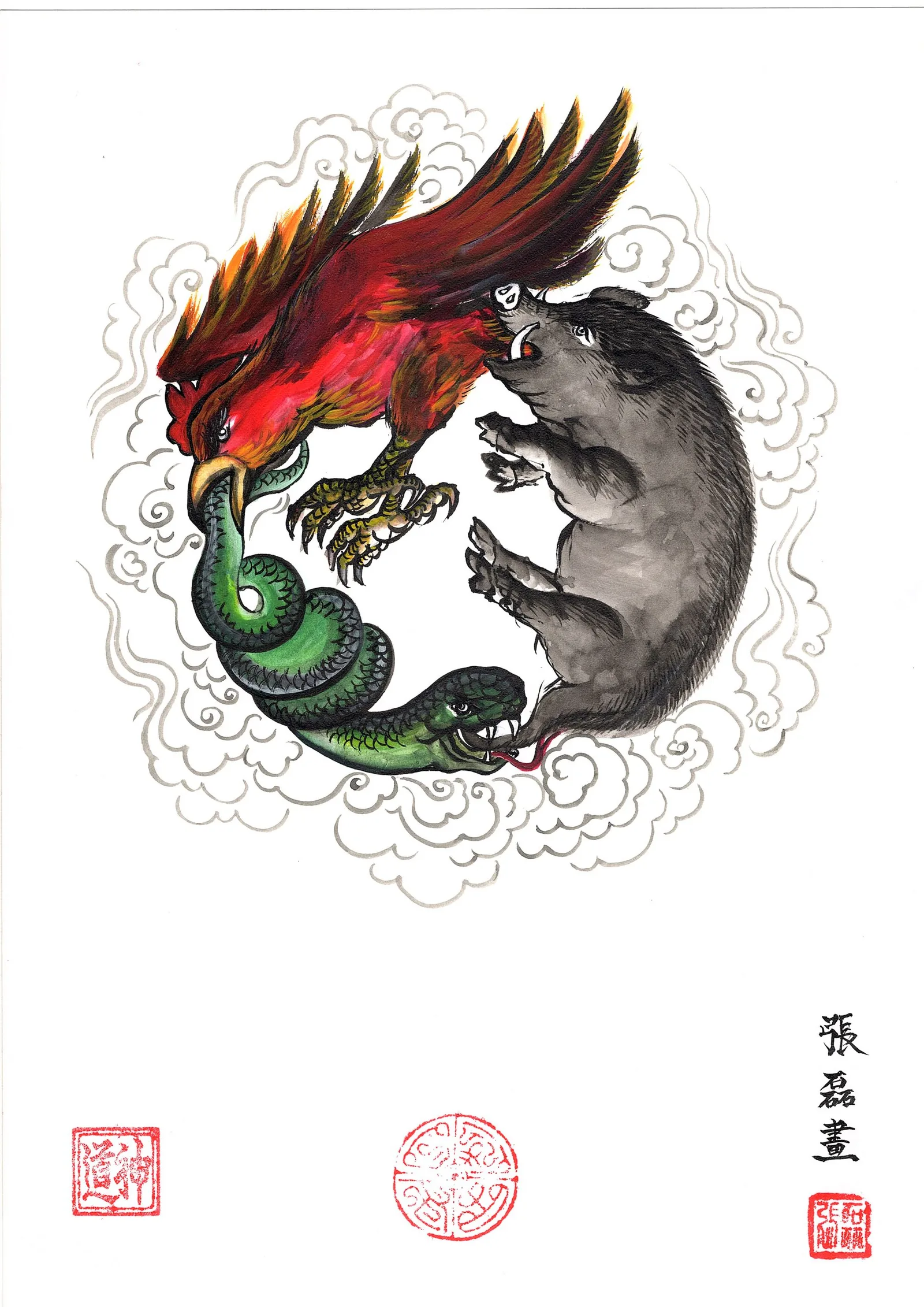 Kunstwerk mit Phoenix oben, Tiger unten und Schlange, chinesische Malerei mit Wolkenmustern, drei Wurzelursachen