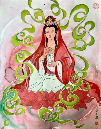 Aquarell einer Frau in rotem Gewand auf rosa Lotusblüte mit grünen Schlangenmotiven, buddhistische Ikonografie