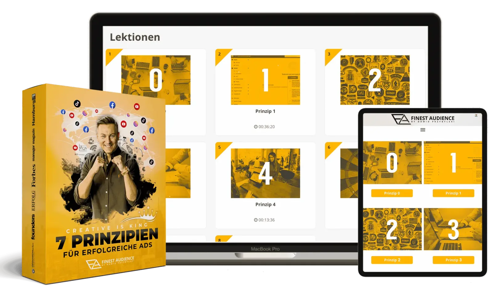Toolbox – Ads-Vorlagenpaket für Social Ads von Dawid Przybylski 4 Mockup-Darstellung von Finest Audience mit Monitor, Tablet und Box auf gelbem Hintergrund