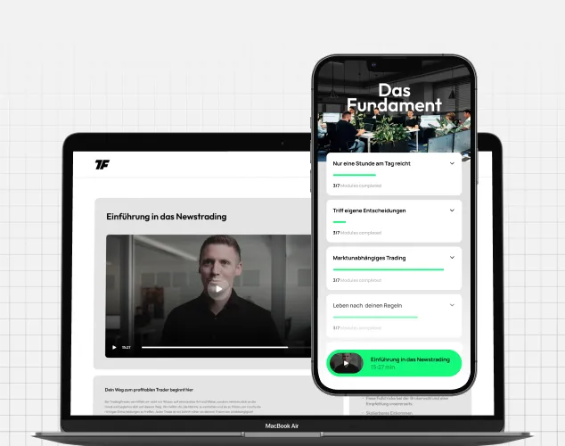 Mockup von Laptop und Smartphone mit Video-Tutorial und Kursmodule zum Thema Newsrading