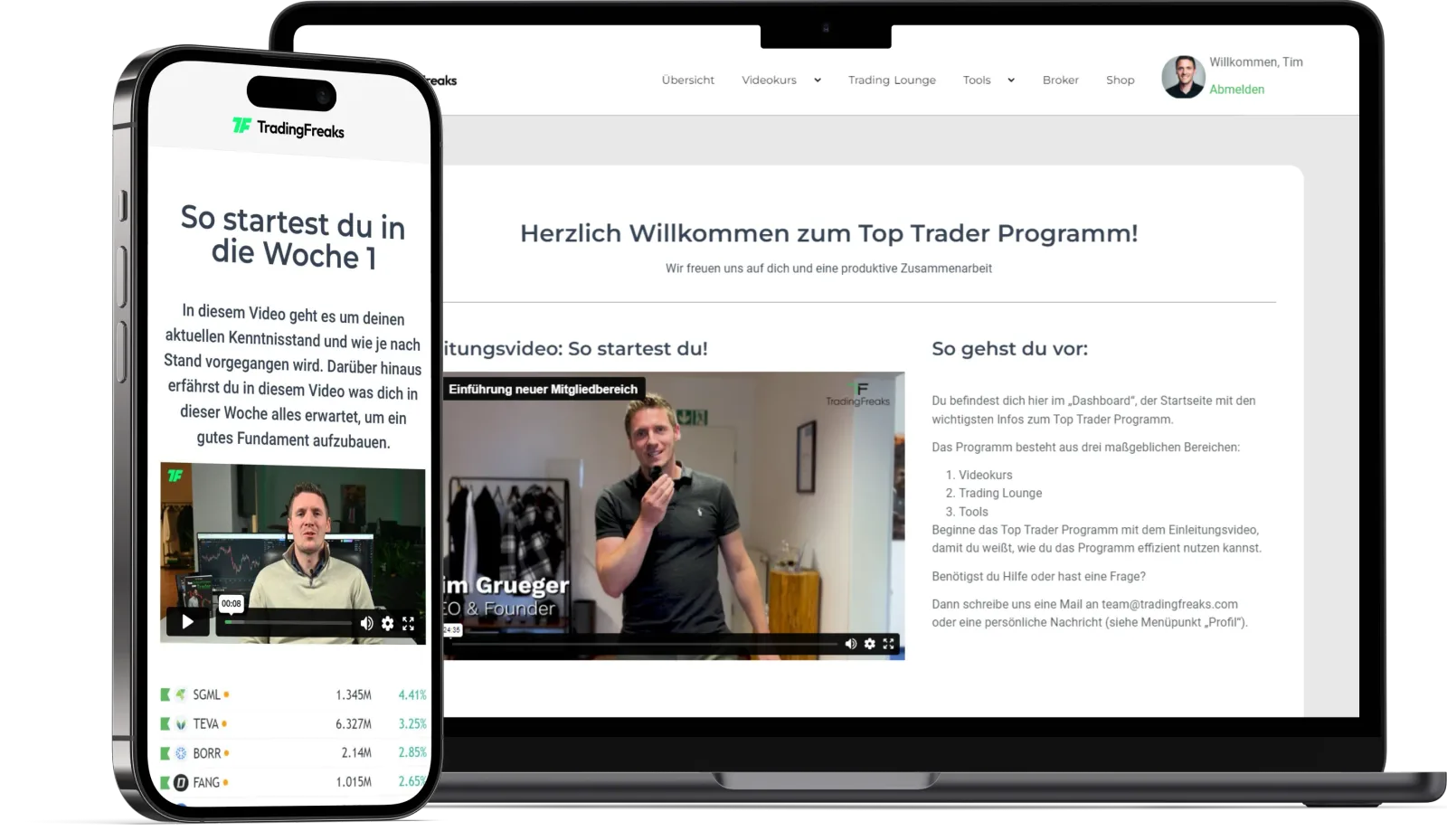 TradingFreaks Website Hero-Section mit iPhone und Desktop-Mockup, zeigt Willkommensvideo zum Top Trader Programm
