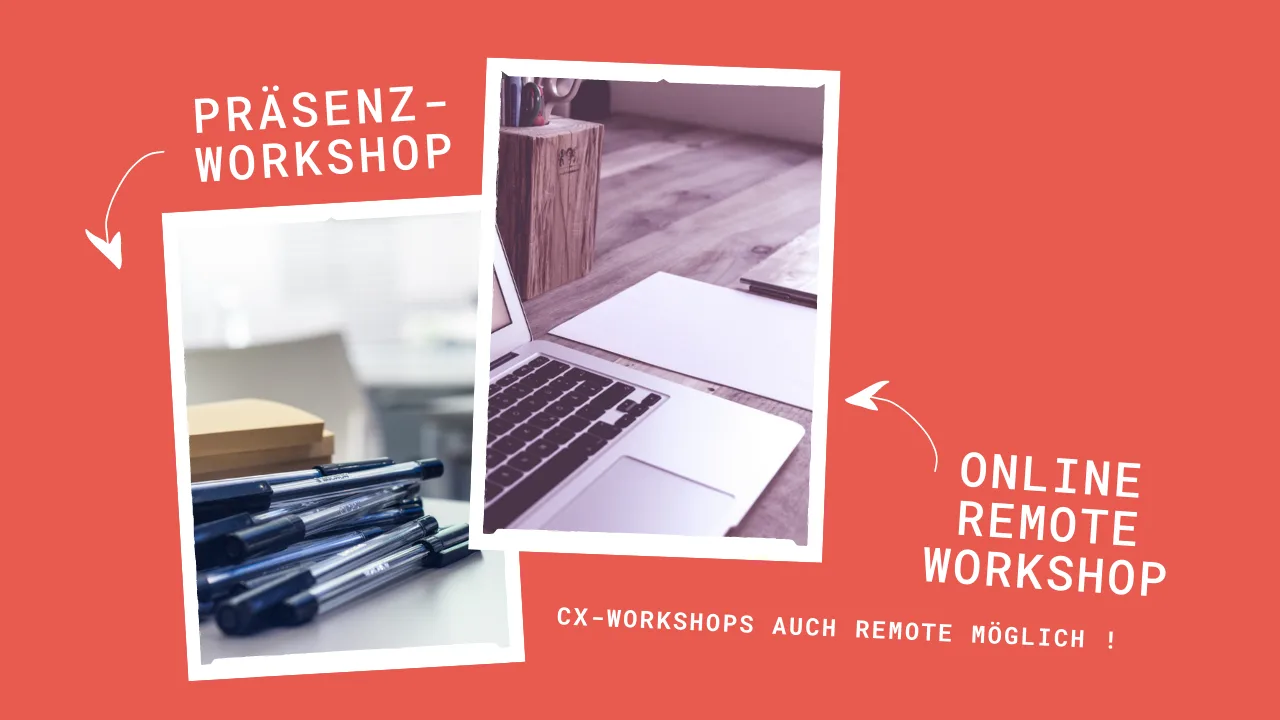 Infografik zu CX-Workshops im Präsenz- und Remote-Format mit Workshop-Bildern