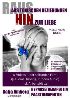 Kurscover Raus aus toxischen Beziehungen mit Frau und blauem Schmetterling