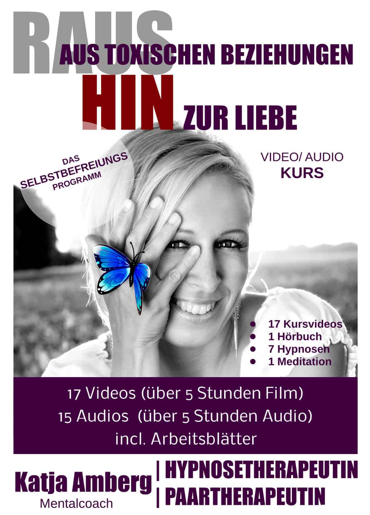 Kurscover Raus aus toxischen Beziehungen mit Frau und blauem Schmetterling