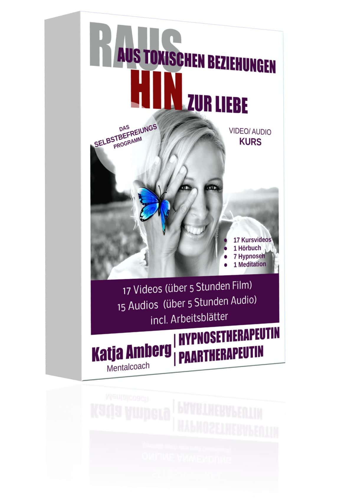 3D-Mockup Raus aus toxischen Beziehungen Kursbox mit Frau