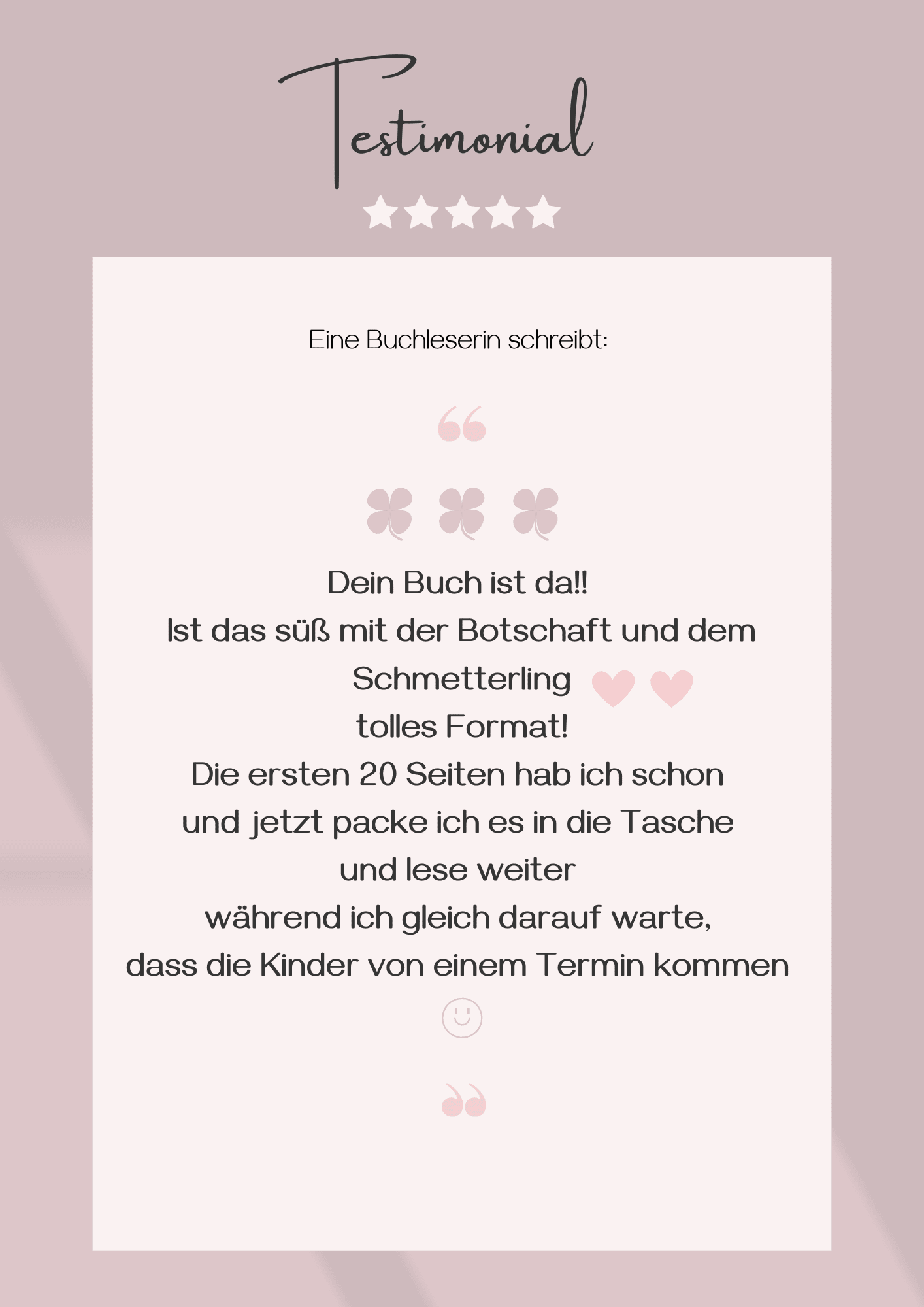 Testimonial über Buchqualität, Format und Leseerlebnis während Wartezeit
