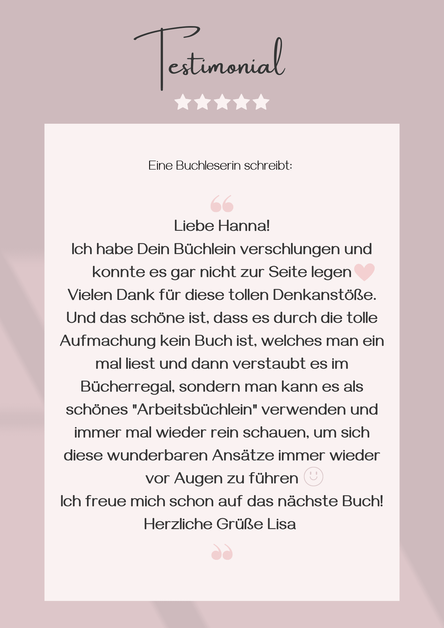 Testimonial von Lisa über Leseerlebnis, Gedankenaustöße und Nachkauf für Geschenke