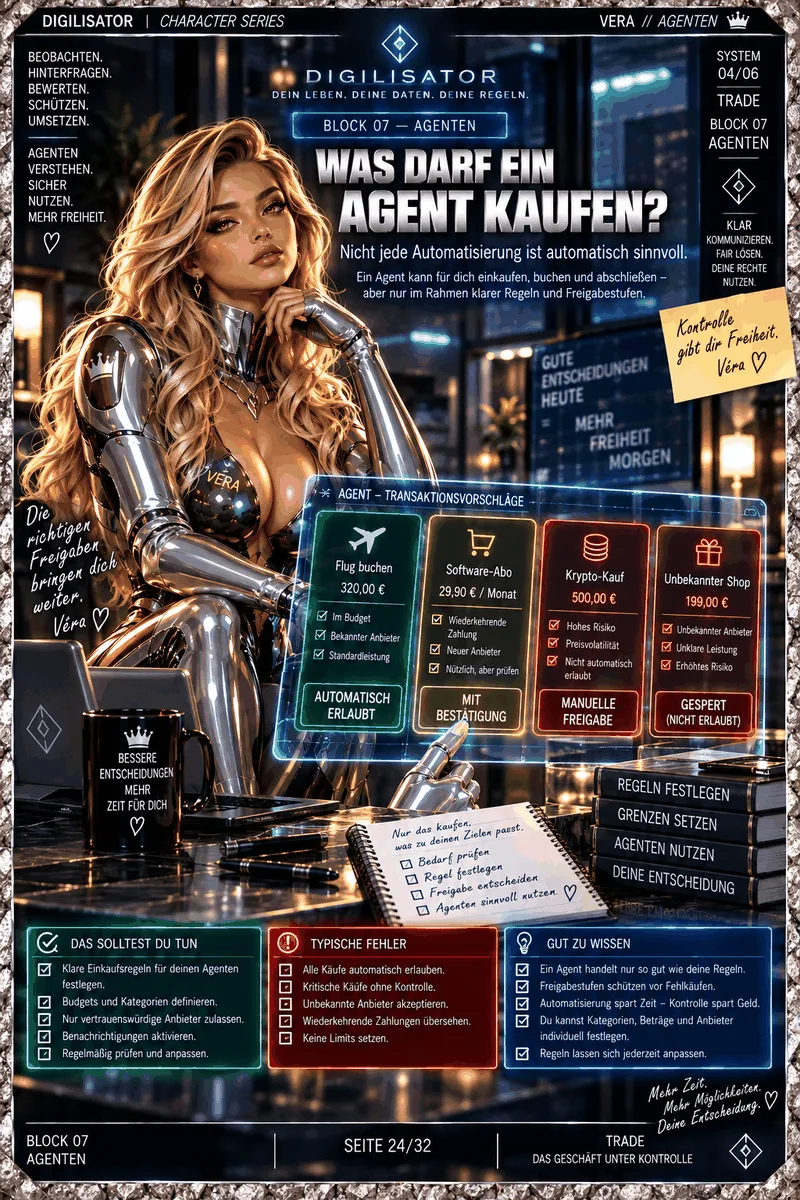 Buchseite Block 07 Agenten mit Vera-Charakter in silberner Rüstung und Agent-Transaktionsbeispielen