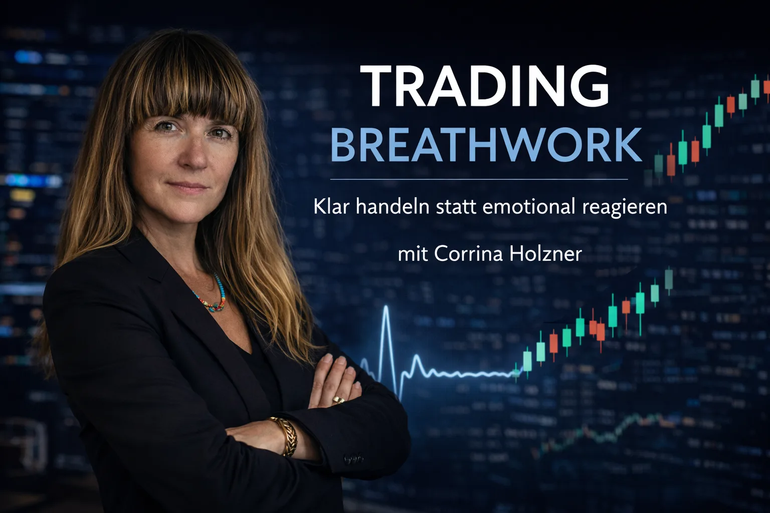 Trading Breathwork – Atem-Videokurs für Trader von Corrina Holzner 2 Trading Breathwork Kurs mit Corrina Holzner, Frau im Business-Outfit vor Finanzdiagramm