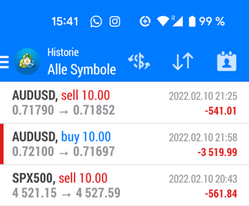Smartphone-Screenshot einer Trading-App mit negativen Handelsergebnissen in rot