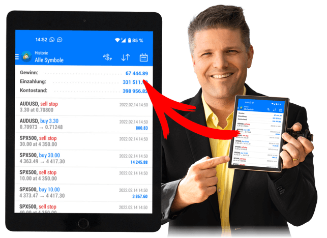 Frédéric Ebner hält Tablet mit Trading-Kontostand von 67.444,89 EUR Gewinn und Transaktionshistorie