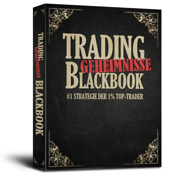 3D Mockup des Trading Geheimnisse Blackbook mit goldener Schrift auf schwarzem Einband