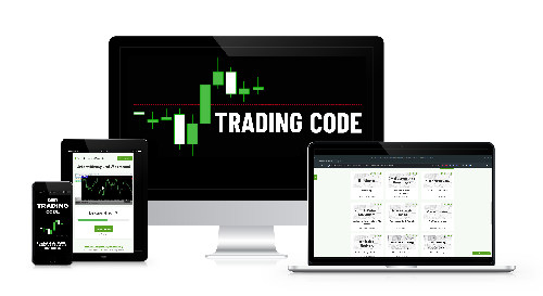Tradingcode Signale Produktmockup mit Smartphone, Tablet und Computer auf schwarzem Hintergrund