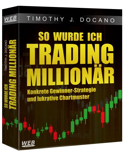 Buchcover So wurde ich Trading Millionär von Timothy J. Docano mit gelben Großbuchstaben und Candlestick-Chart