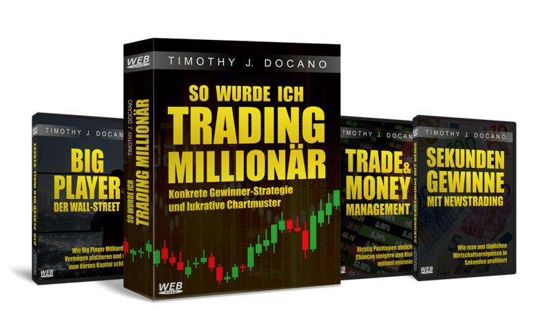 Gesamtabbildung des Tradingmillionär Komplettpakets mit Hauptbuch und drei DVD-Boxen nebeneinander